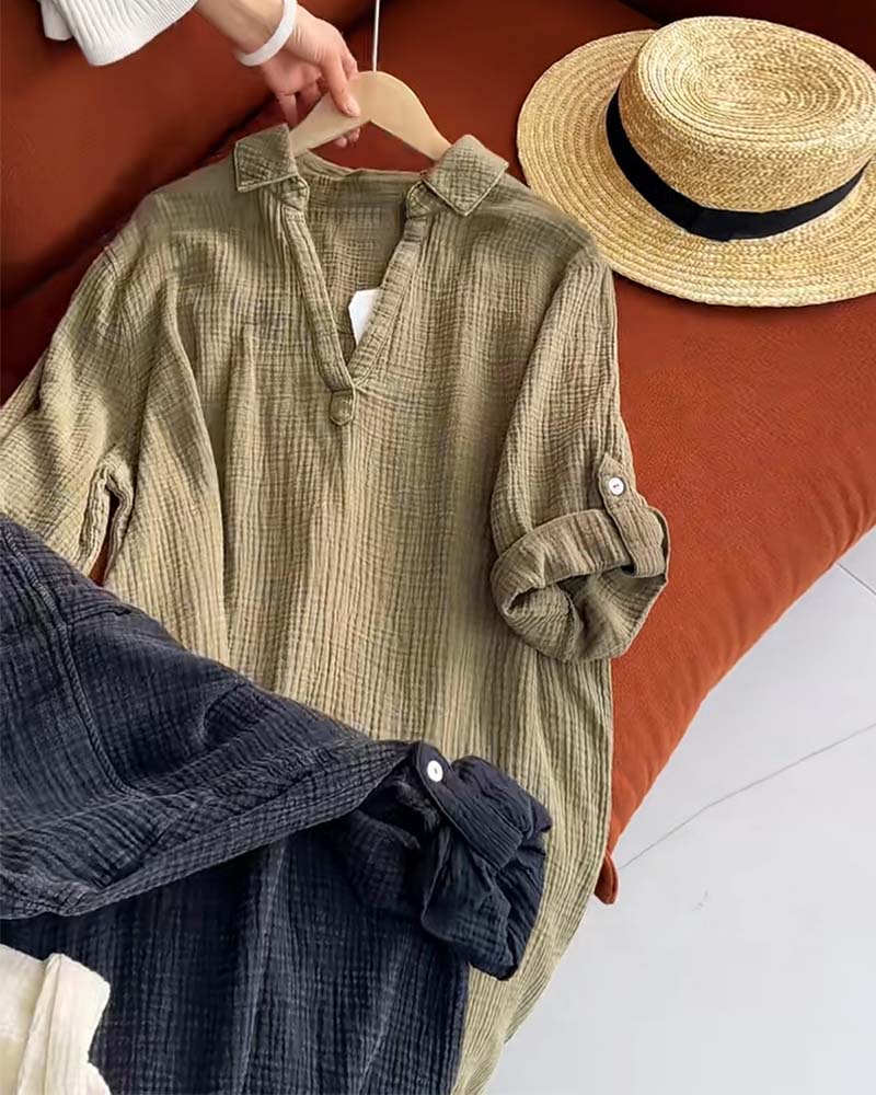 Lapel Solid Color Simple Long Sleeve Dress