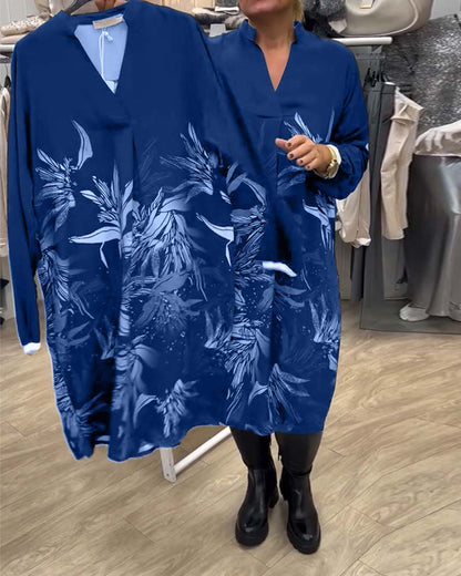 V-Neck Leaf Print Long-Sleeved Dress