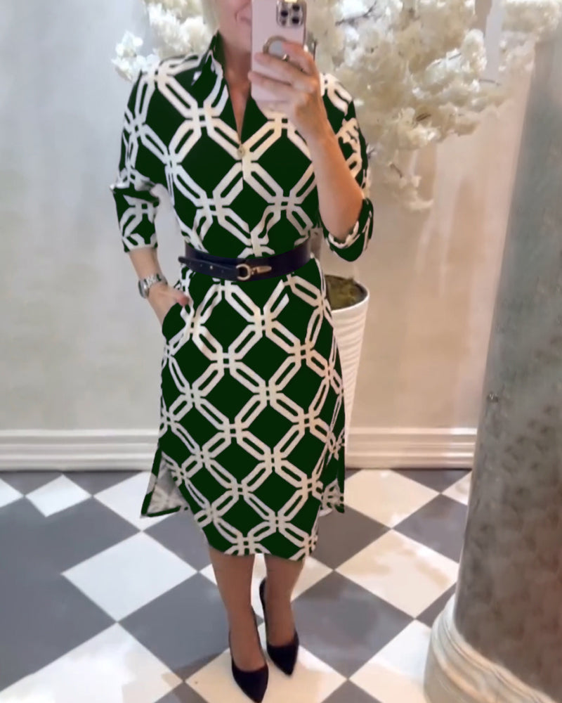 Geometric print side slit elegant dress
