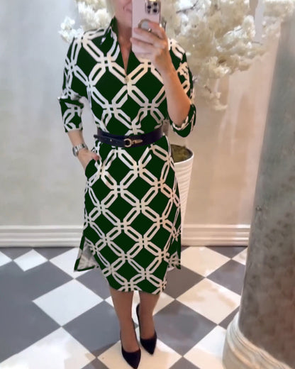 Geometric print side slit elegant dress