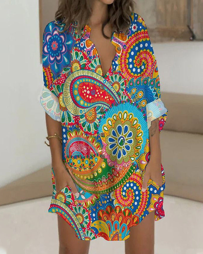 Printed button long sleeve pocket dress