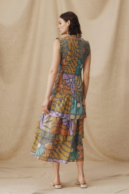 Multicolor Botanical Print Midi Dress