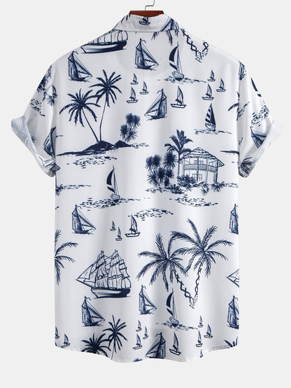 Island Sailing Print Button Up Shirt & Straight Leg Ribbed Pants