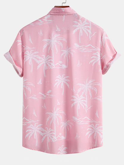 Palm Tree Island Print Button Up Shirt & Drawstring Swim Shorts