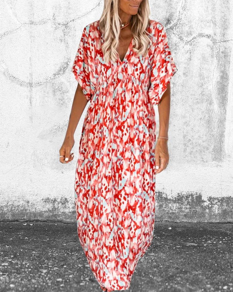V-neck fashion print short-sleeved dress