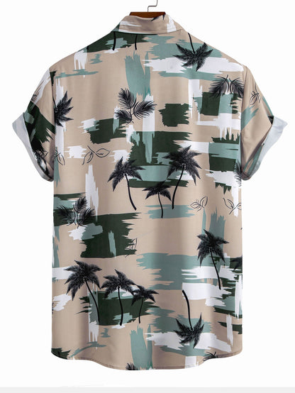 Palm Tree Color Block Print Button Up Shirt & Swim Shorts