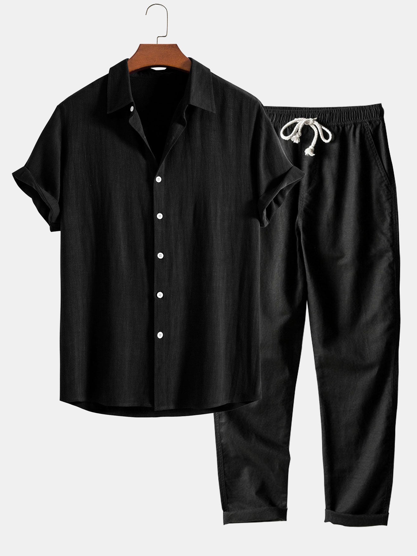 Linen Rayon Blend Button Up Shirt & Straight Leg Linen Pants