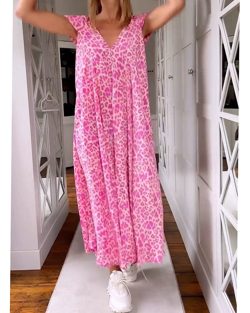 V-neck printed short-sleeved long dress