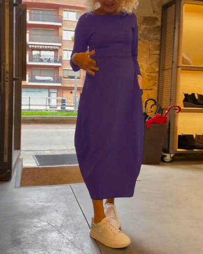 Solid color round neck long sleeve pocket dress