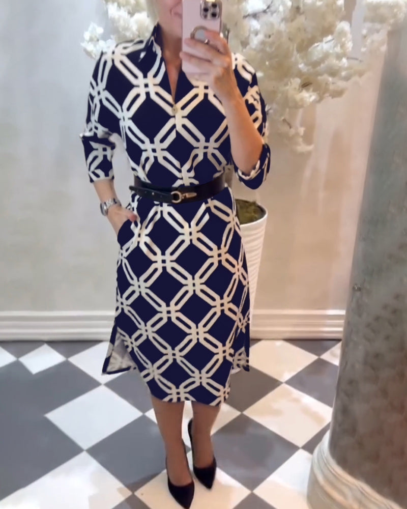 Geometric print side slit elegant dress