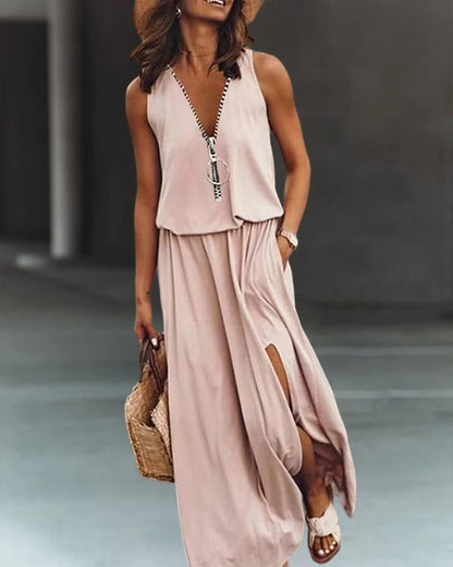 V Neck Zipper Dress