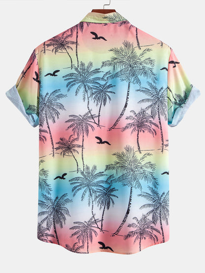 Palm Tree Seagull Print Button Up Shirt & Swim Shorts