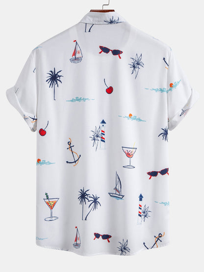 Palm Tree Nautical Print Button Up Shirt & Stripe Print Swim Shorts
