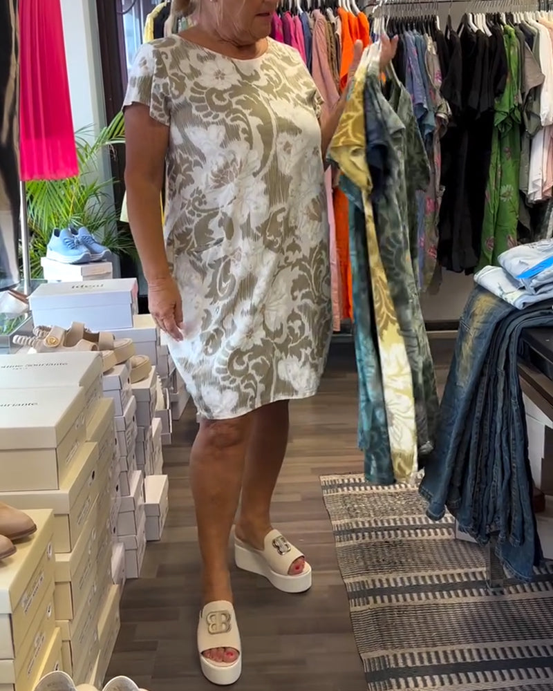 Round Neck Printed Short Sleeve Shift Dress