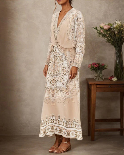 V-neck retro palace style print dress