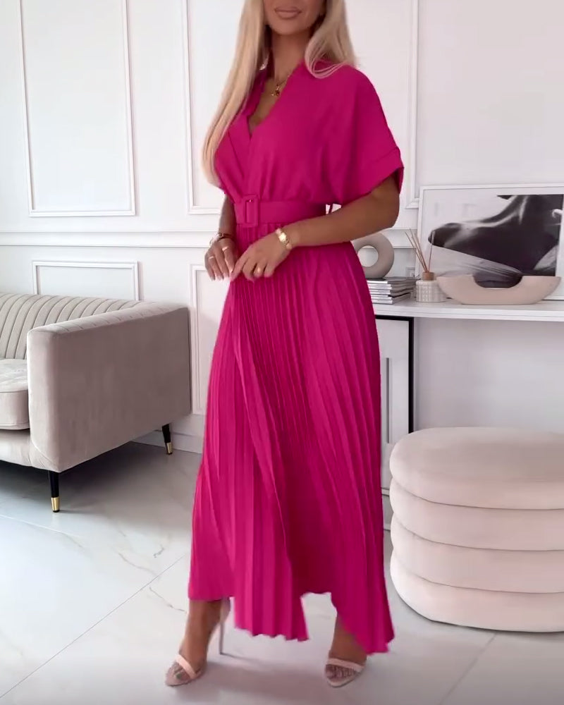 Solid color V-neck short-sleeve pleated elegant dress