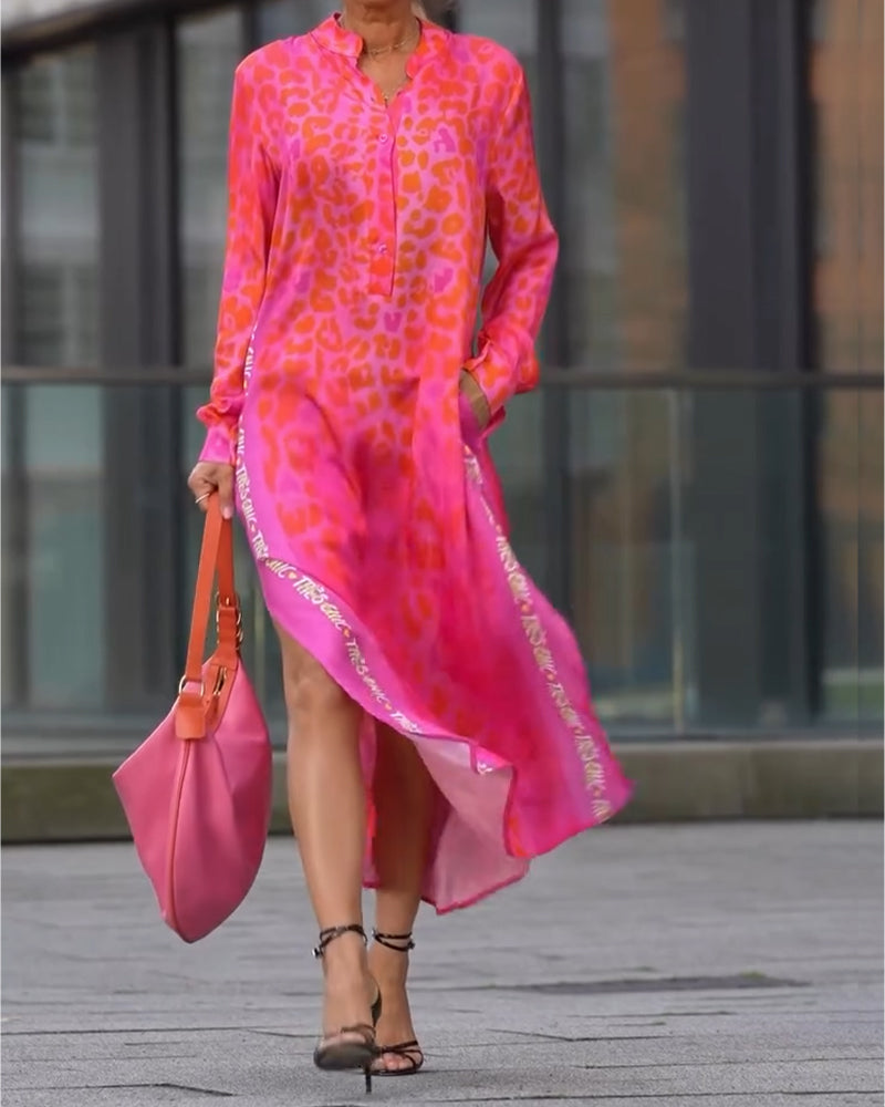 Long-Sleeved Leopard Print Slit Dress