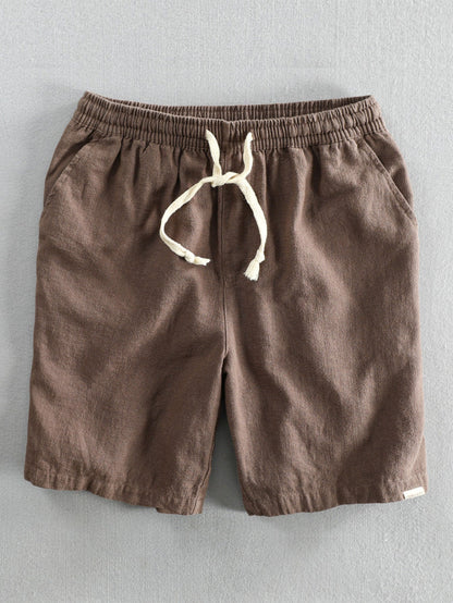 Short Sleeve V Neck Linen Rayon Blend Shirt & Linen Cotton Blend Drawstring Shorts