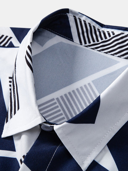 Color Block Geometry Print Button Up Shirt