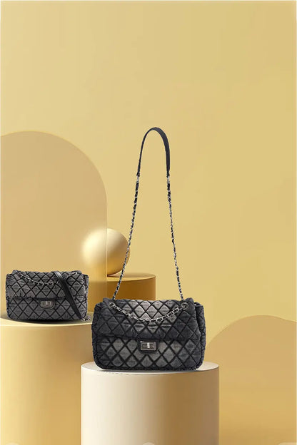 Washed Denim Quilted Chain Shoulder Bag