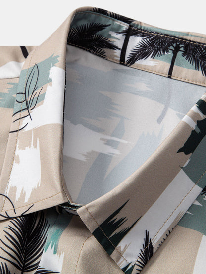 Palm Tree Color Block Print Button Up Shirt & Swim Shorts