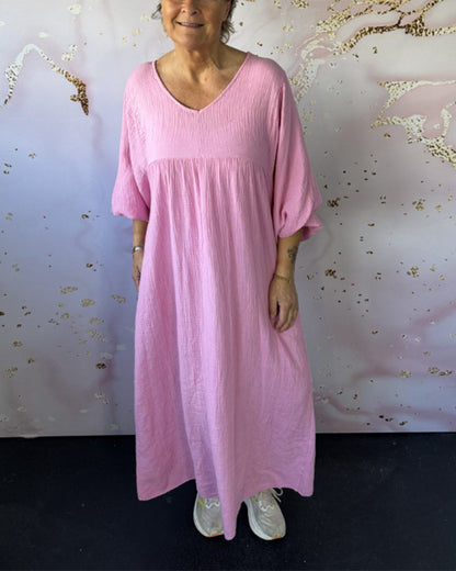 Forest Style V-Neck Pleated Solid Color Dress