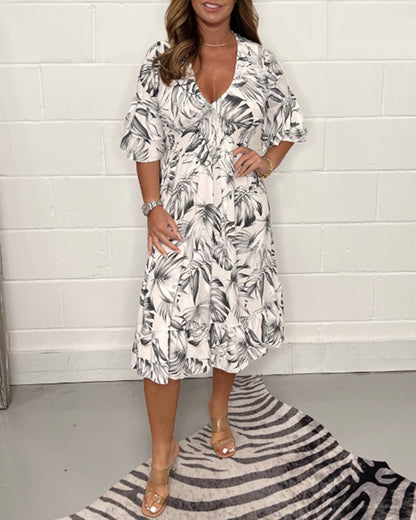 V neck leaves print dress