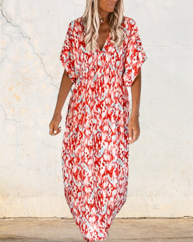 V-neck fashion print short-sleeved dress