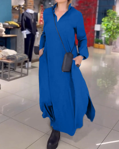 Side slit lapel loose long dress