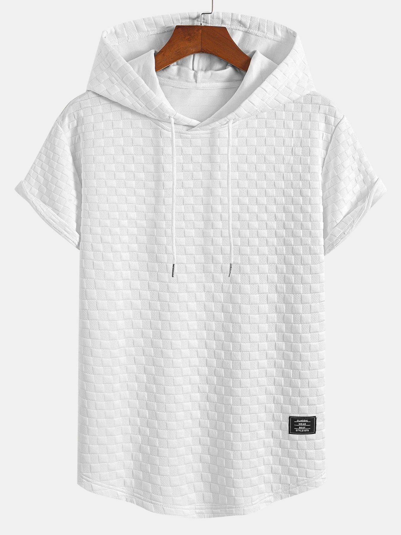 Checkerboard Jacquard  Arc Hem Hooded T-Shirt