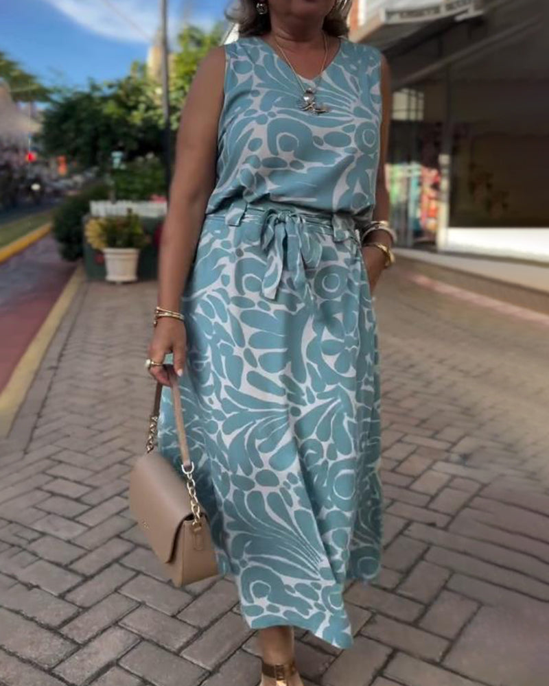 Sleeveless Printed Tie Waist Dress