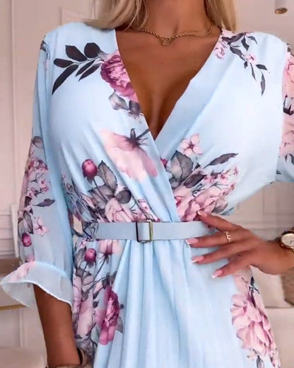 Elegant floral print pleated dress