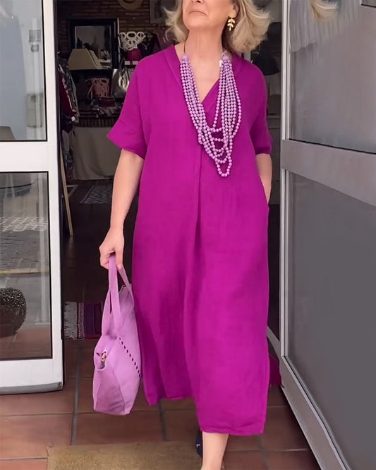 V-Neck Solid Color Simple Long Dress