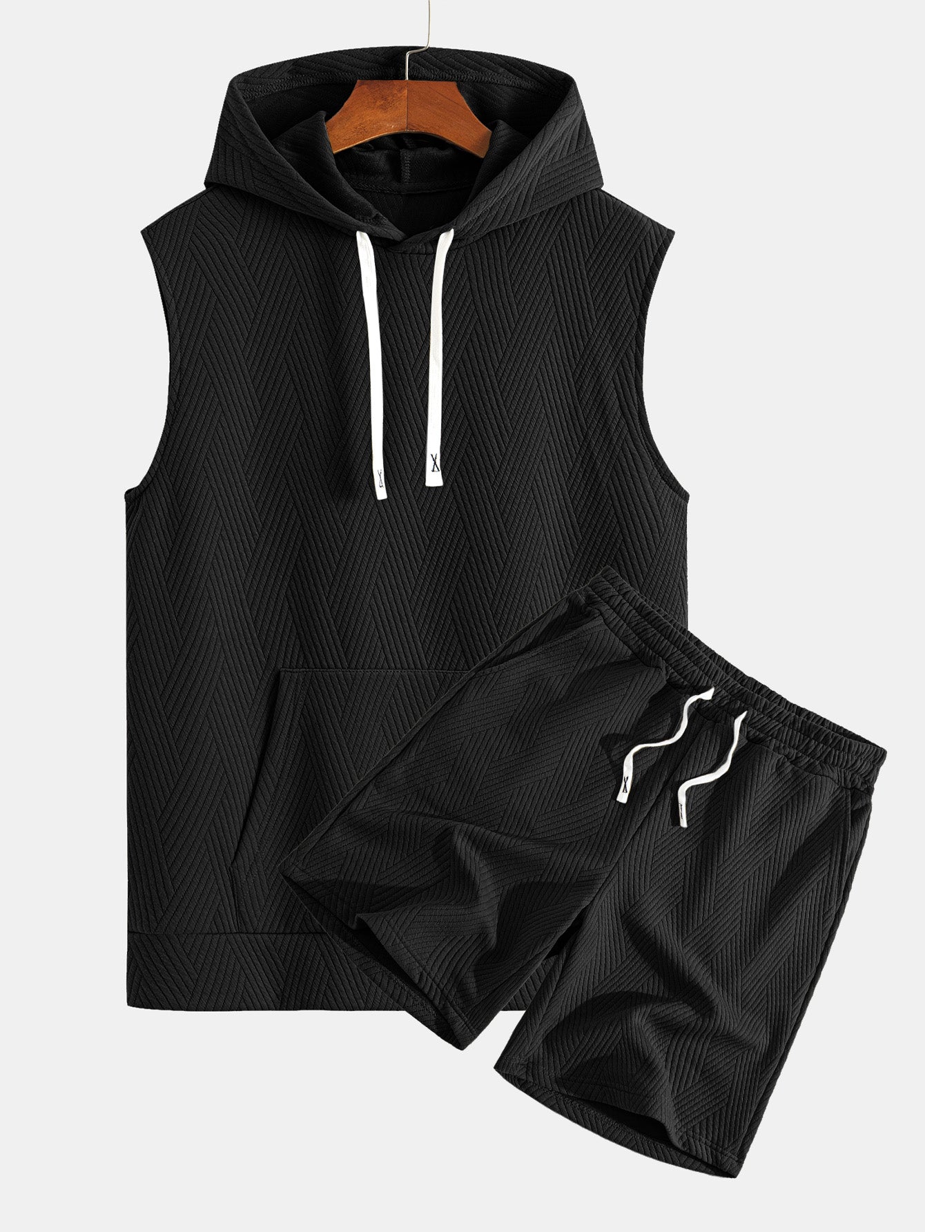 Striped Jacquard Sleeveless Hooded T-Shirt & Shorts