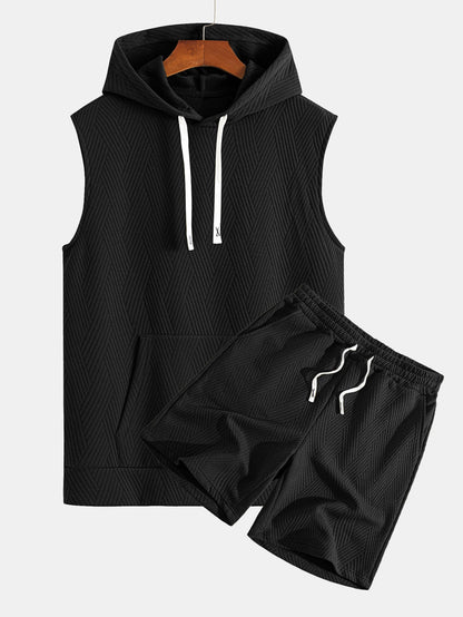 Striped Jacquard Sleeveless Hooded T-Shirt & Shorts