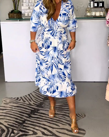 V neck leaves print dress