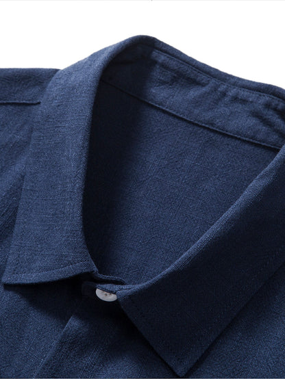 Linen Rayon Blend Button Up Shirt & Wrinkle Textured Straight Leg Pants