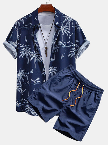Palm Tree Island Print Button Up Shirt & Drawstring Swim Shorts