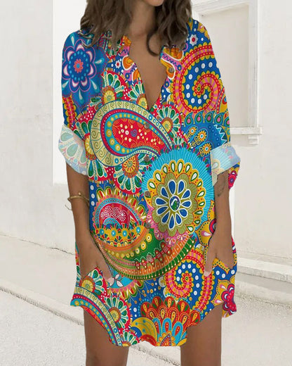 Printed button long sleeve pocket dress