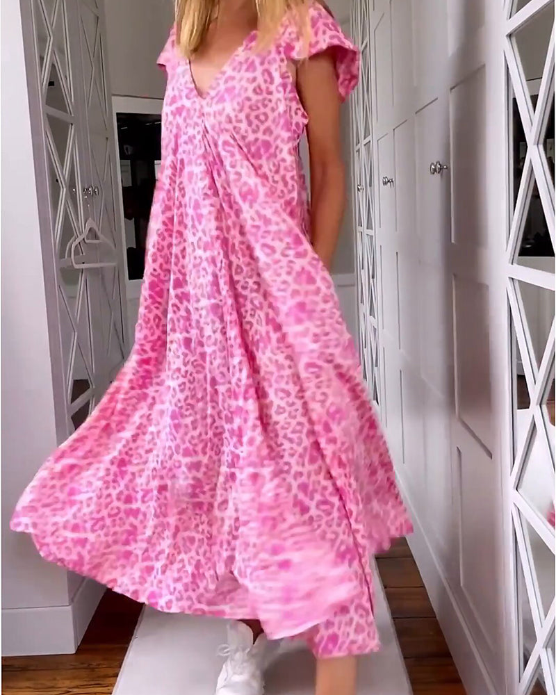 V-neck printed short-sleeved long dress