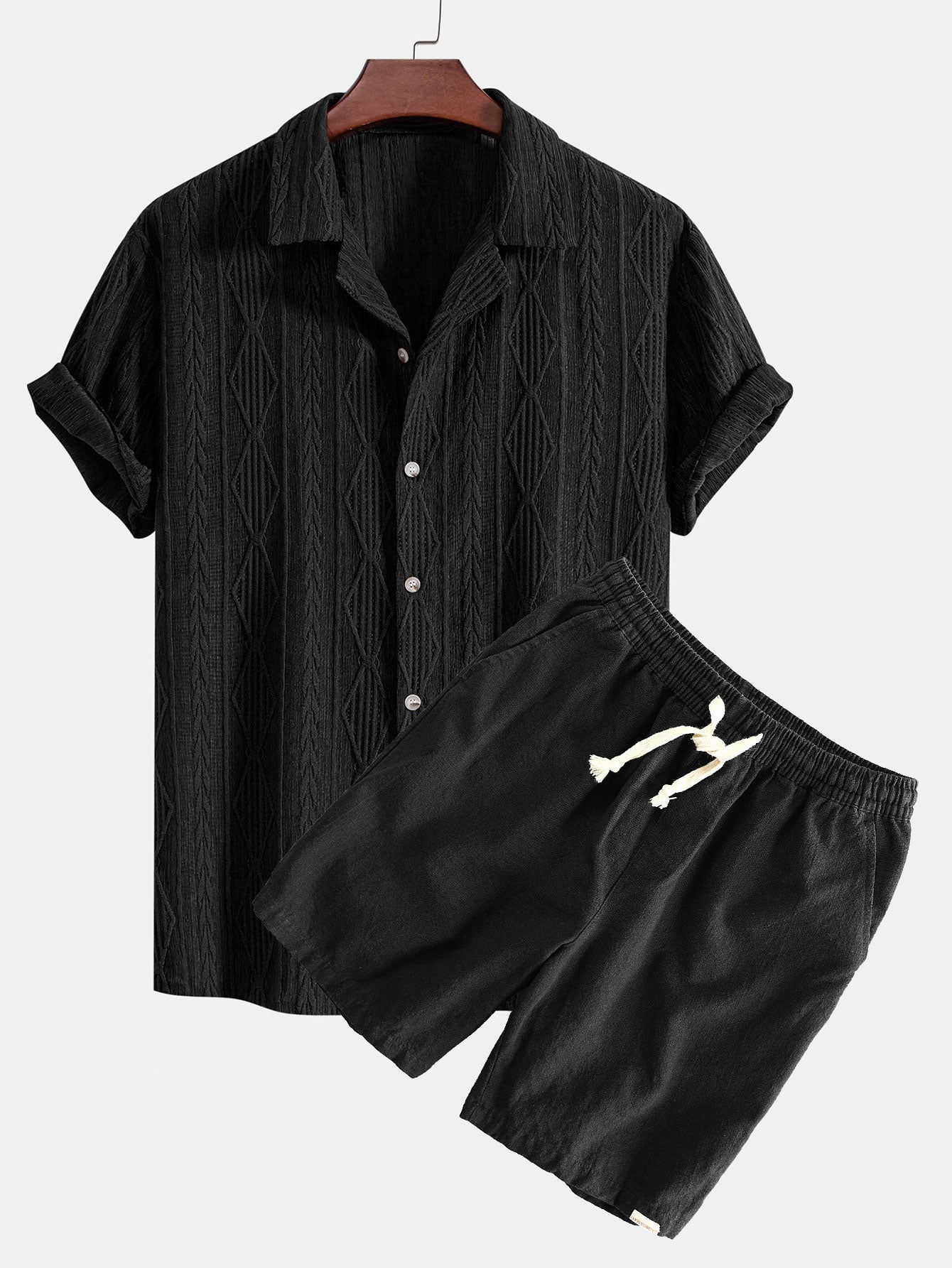 Geometric Jacquard Eyelet Cuban Shirt & Linen Cotton Blend Shorts