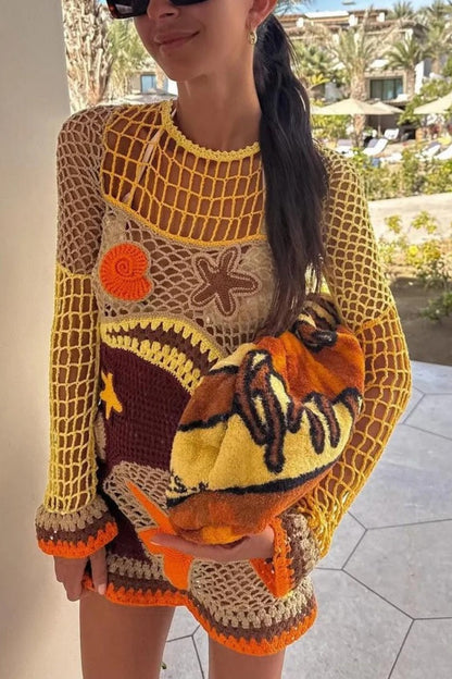 Coral Reef-Inspired Pattern Crochet Mini Dress