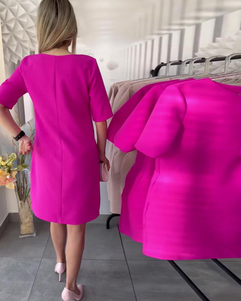 Fashion solid color bow round neck dress