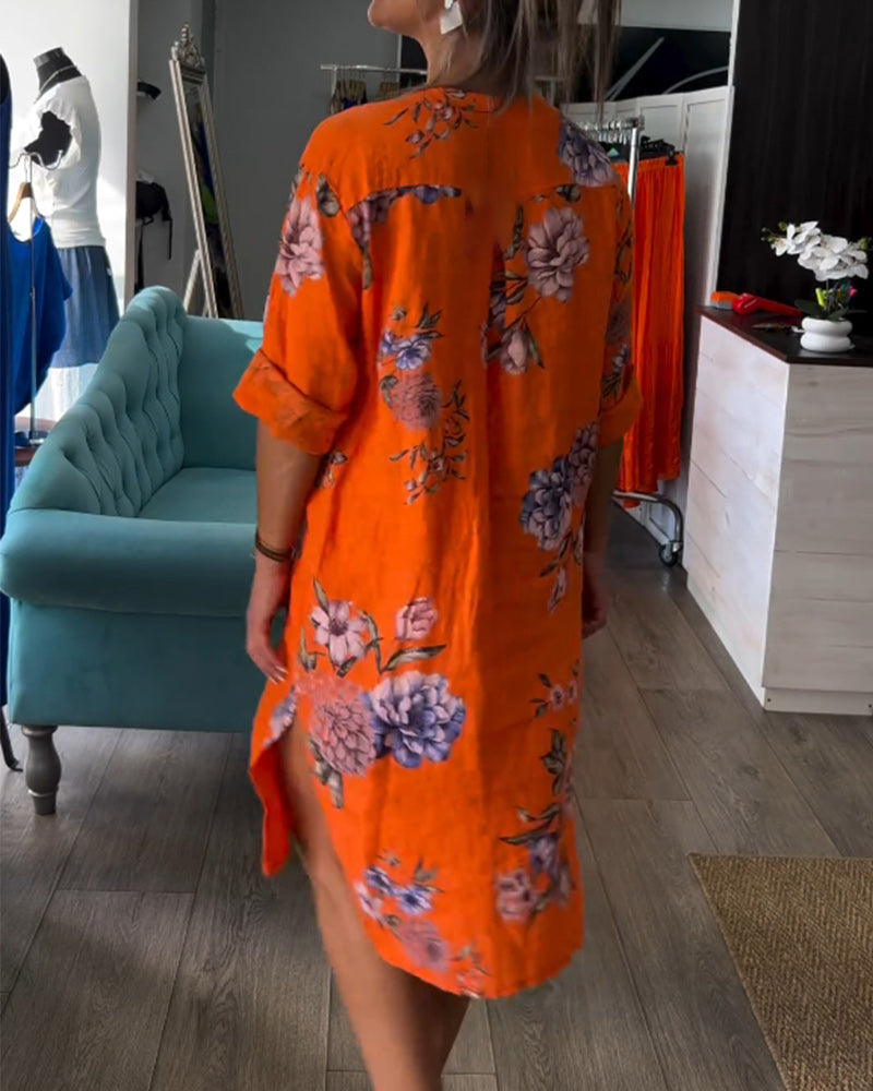 Button printed V-neck dress