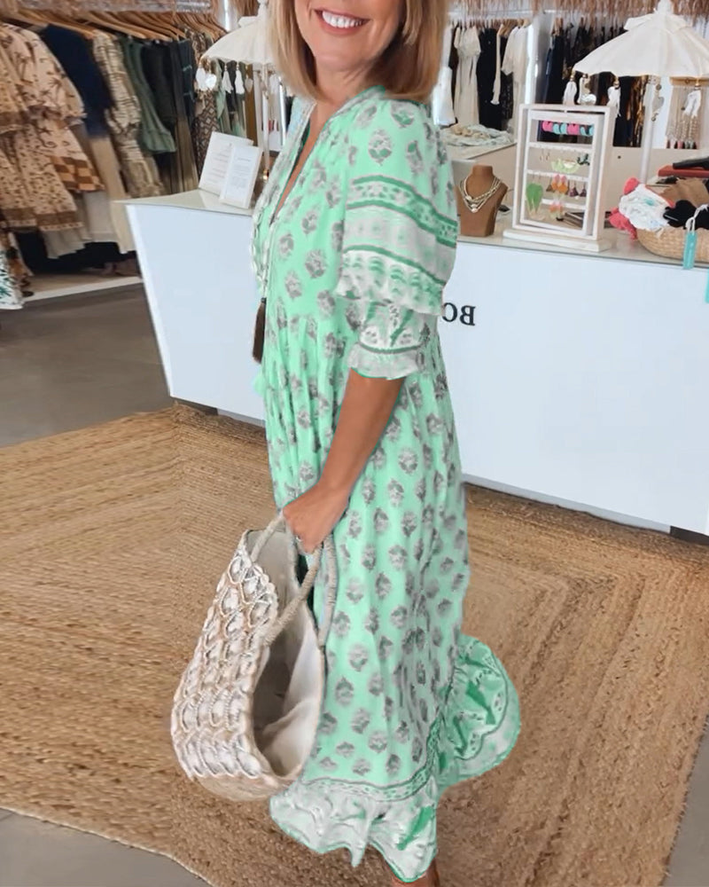 Casual printed V-neck half-sleeve dress
