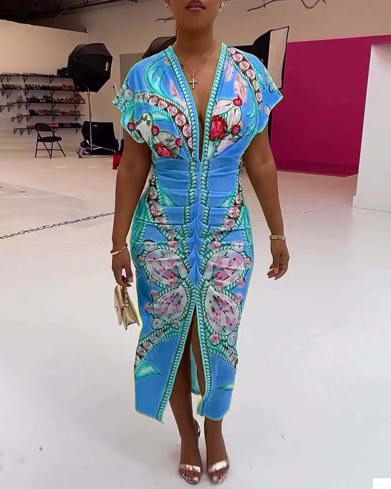 Deep V slit waist printed dress