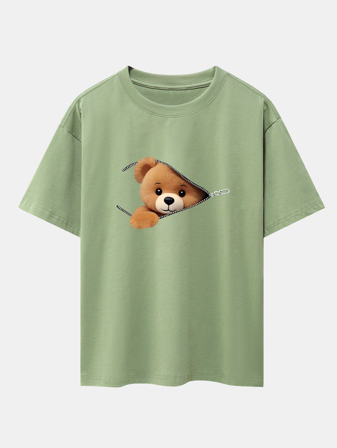 Zipper Bear Print Drop Shoulder Oversize T-Shirt