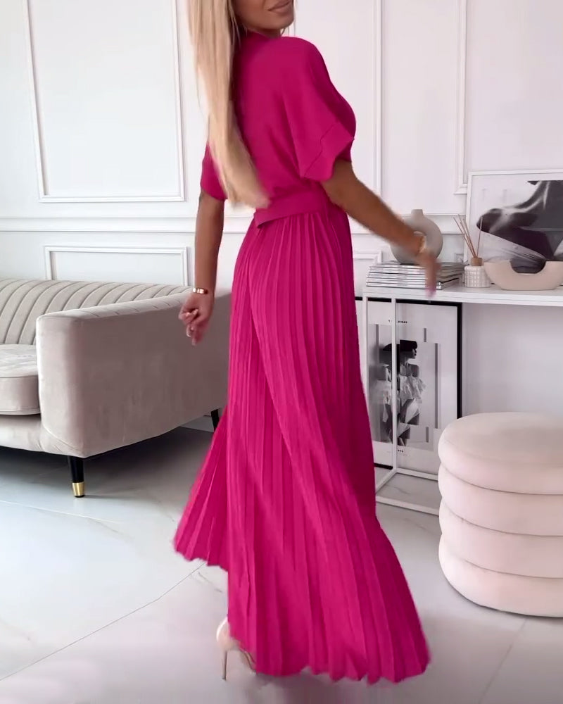 Solid color V-neck short-sleeve pleated elegant dress