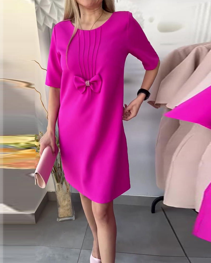 Fashion solid color bow round neck dress