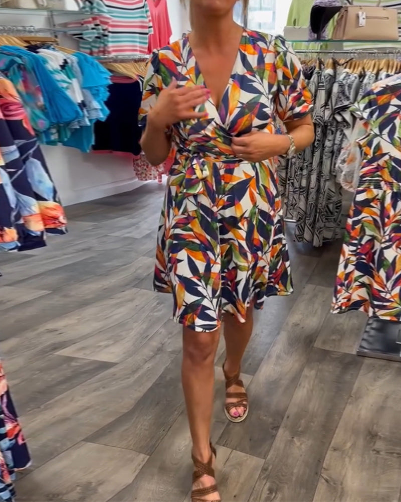 V-Neck Short Sleeve Printed Dress
